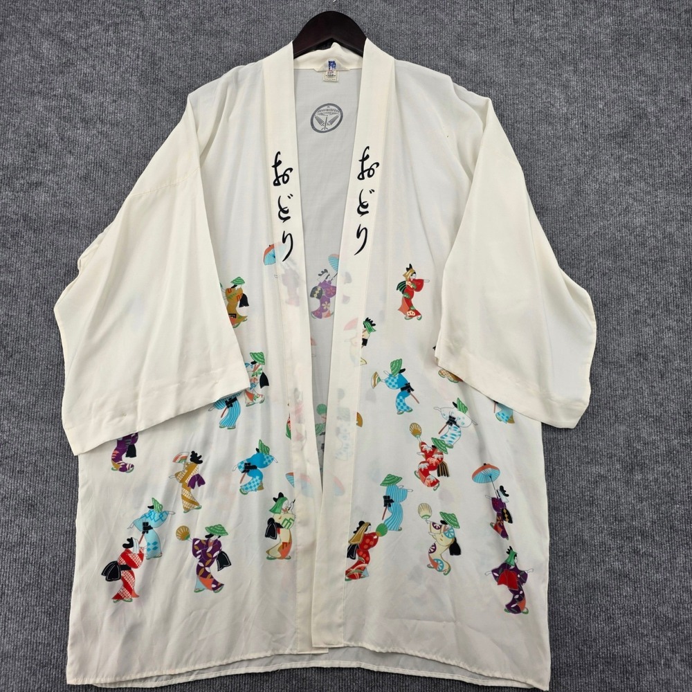 Vintage Made in Japan Hand Printed Rayon Kimono Robe White Festival Never Worn